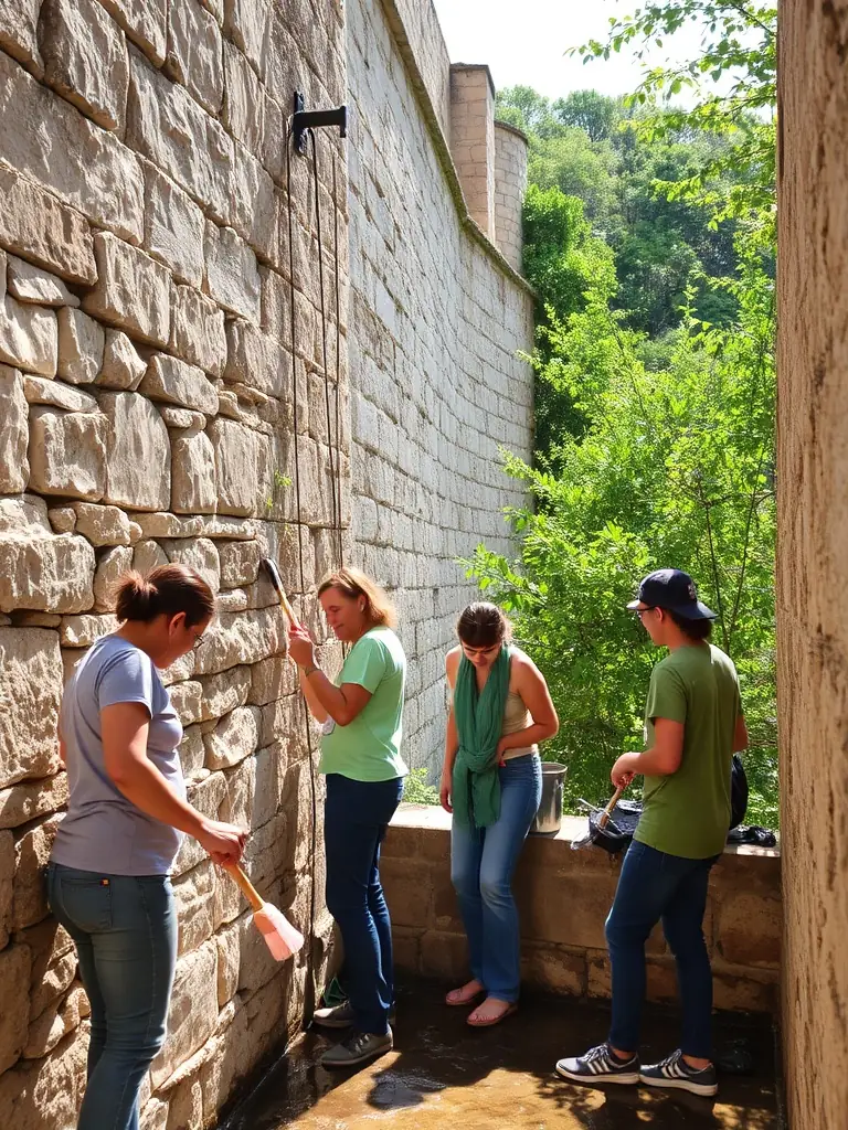 A photograph capturing volunteers meticulously cleaning and restoring a section of the Château de Lioujas's ancient stone wall, showcasing the hands-on preservation efforts.