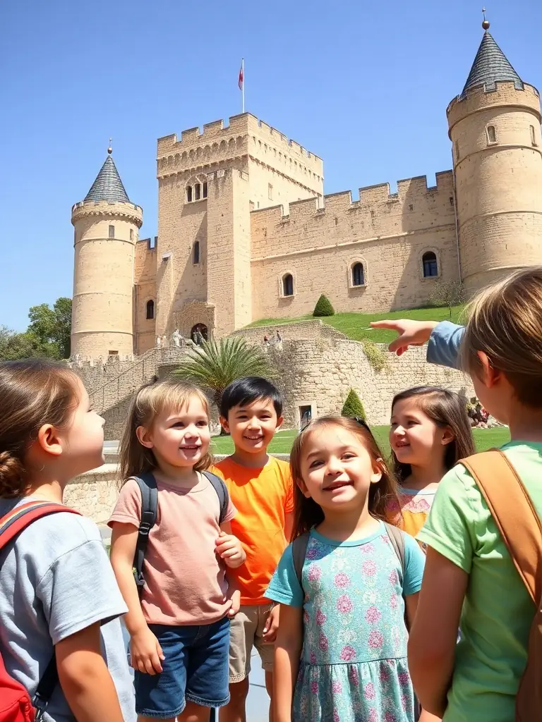 A vibrant image of children participating in an educational tour of the Château de Lioujas, with a guide explaining the history and significance of the site.