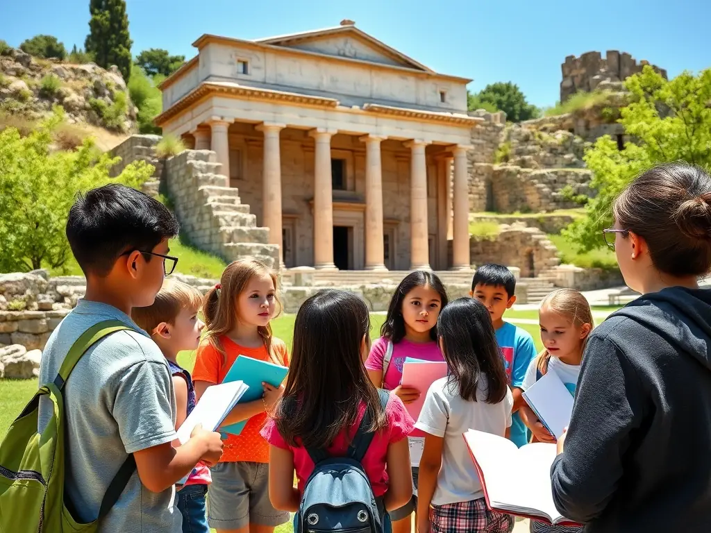 A photograph of a group of students participating in an educational program at the Château de Lioujas, learning about its history and preservation.