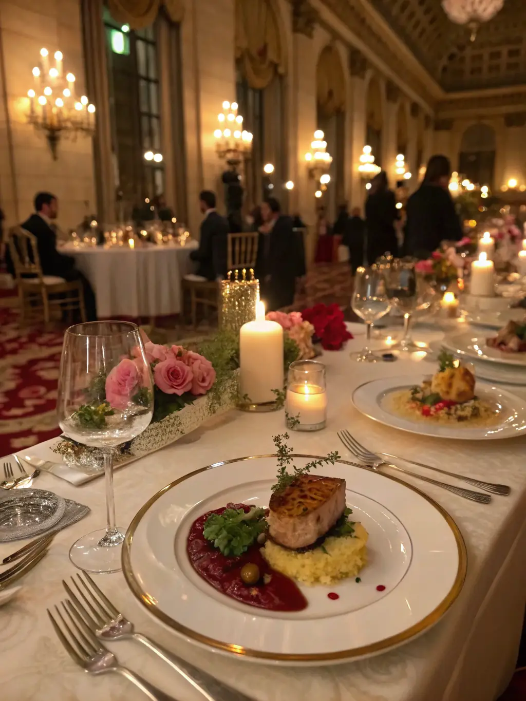 A picture of a fundraising gala held inside the Château de Lioujas, with attendees dressed in formal attire, enjoying dinner and supporting the preservation efforts.