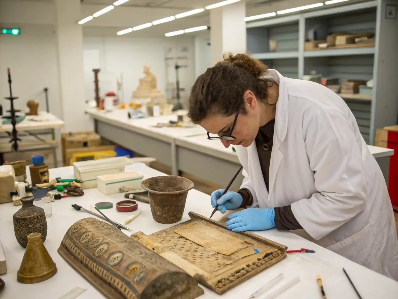 A photograph showcasing a historical artifact being carefully examined and preserved inside the Château de Lioujas.